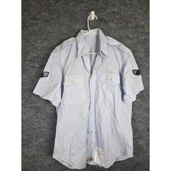 US Air Force Uniform Shirt Mens 16.5 Light Blue Short Sleeve Poly Cotton Patches - Picture 1 of 11